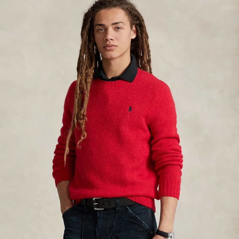 Polo By Ralph Lauren Red Mens Merino Angora Pullover Cable Knit Sweater Sz Large - Picture 1 of 7